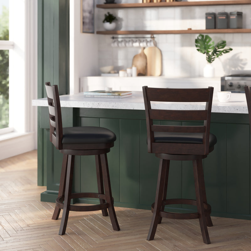 Silla 24" Espresso Classic Wooden Ladderback Swivel Counter Height Stool with Black Faux Leather Padded Seat and Integrated Footrest