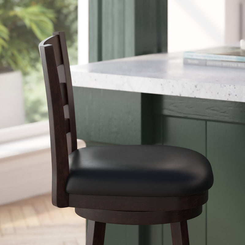 Silla 24" Espresso Classic Wooden Ladderback Swivel Counter Height Stool with Black Faux Leather Padded Seat and Integrated Footrest