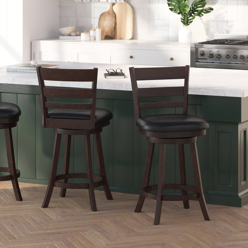 Silla 24" Espresso Classic Wooden Ladderback Swivel Counter Height Stool with Black Faux Leather Padded Seat and Integrated Footrest