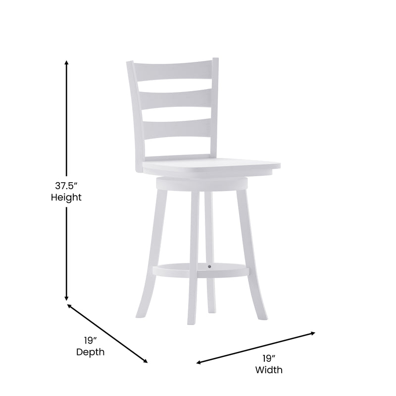 Therus 24" Antique White Wash Classic Wooden Ladderback Swivel Counter Height Stool with Solid Wood Seat and Footrest