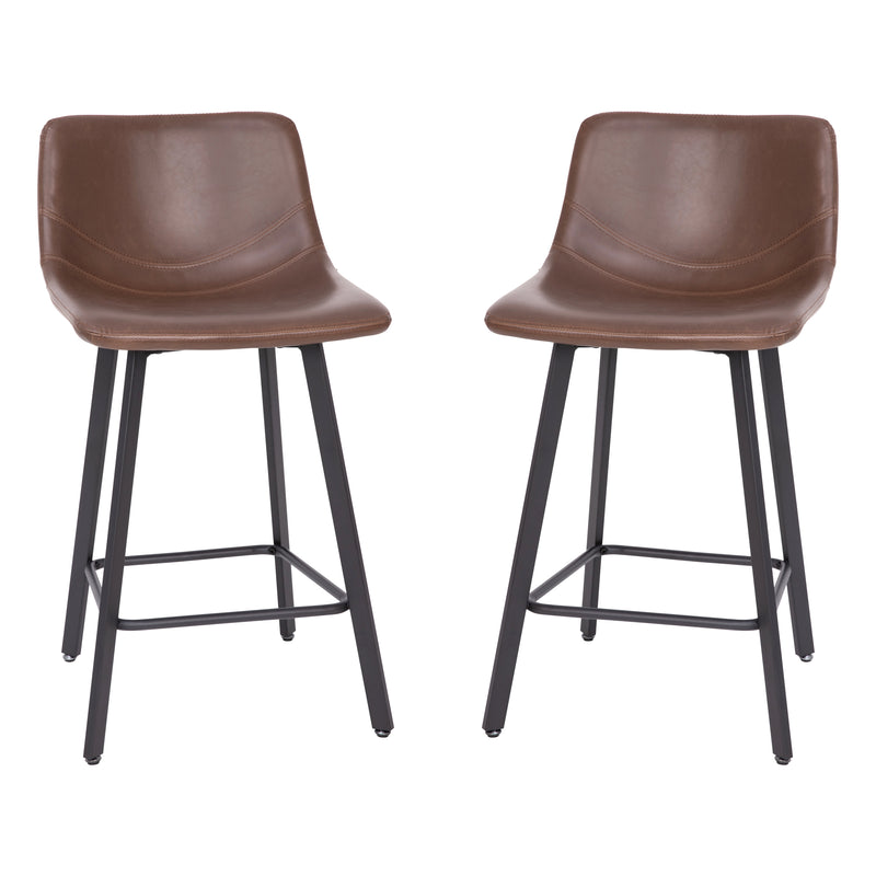 Oretha Set of 2 Modern Chocolate Brown Faux Leather Upholstered Counter Stools with Contoured, Low Back Bucket Seats and Iron Frames