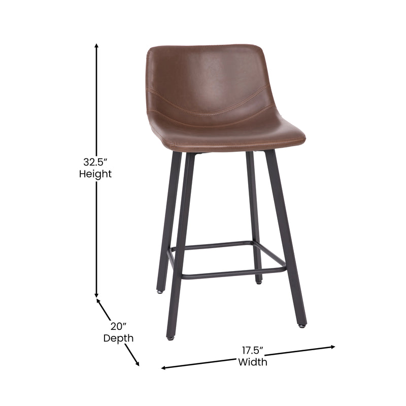 Oretha Set of 2 Modern Chocolate Brown Faux Leather Upholstered Counter Stools with Contoured, Low Back Bucket Seats and Iron Frames