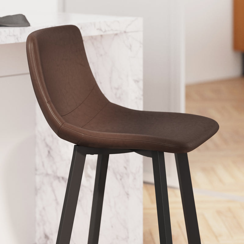 Oretha Set of 2 Modern Chocolate Brown Faux Leather Upholstered Counter Stools with Contoured, Low Back Bucket Seats and Iron Frames