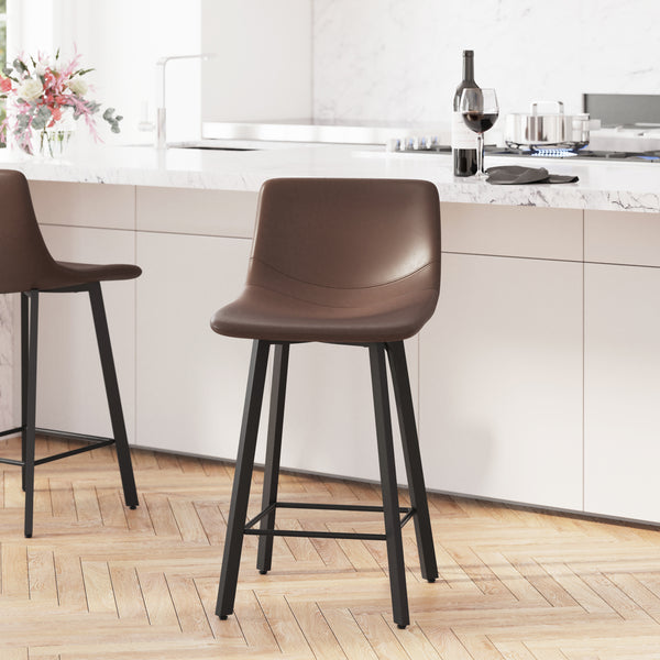 Oretha Set of 2 Modern Chocolate Brown Faux Leather Upholstered Counter Stools with Contoured, Low Back Bucket Seats and Iron Frames