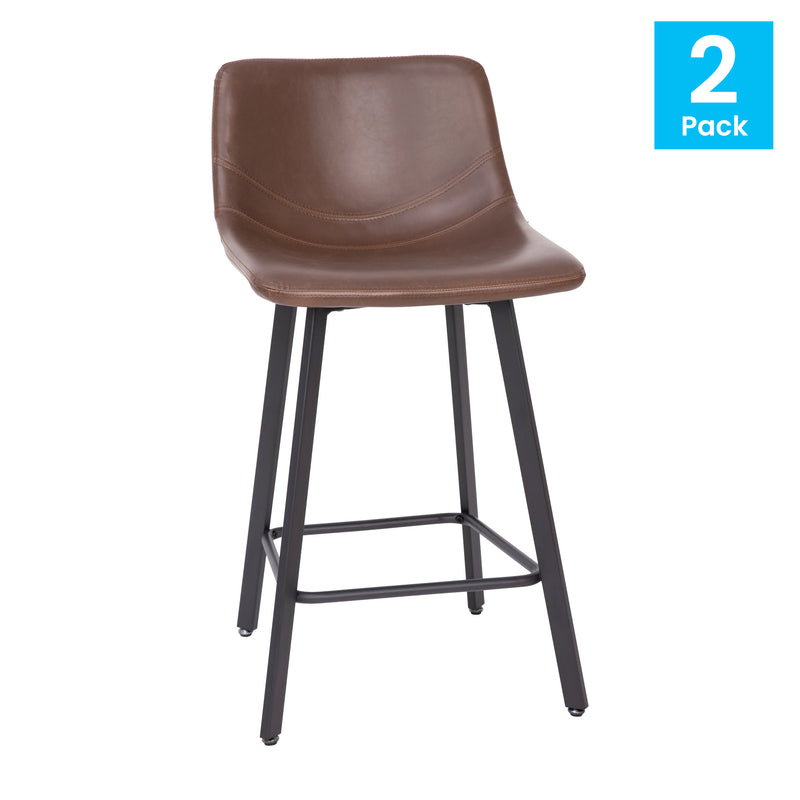 Oretha Set of 2 Modern Chocolate Brown Faux Leather Upholstered Counter Stools with Contoured, Low Back Bucket Seats and Iron Frames