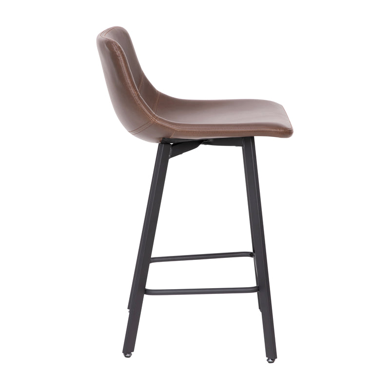 Oretha Set of 2 Modern Chocolate Brown Faux Leather Upholstered Counter Stools with Contoured, Low Back Bucket Seats and Iron Frames