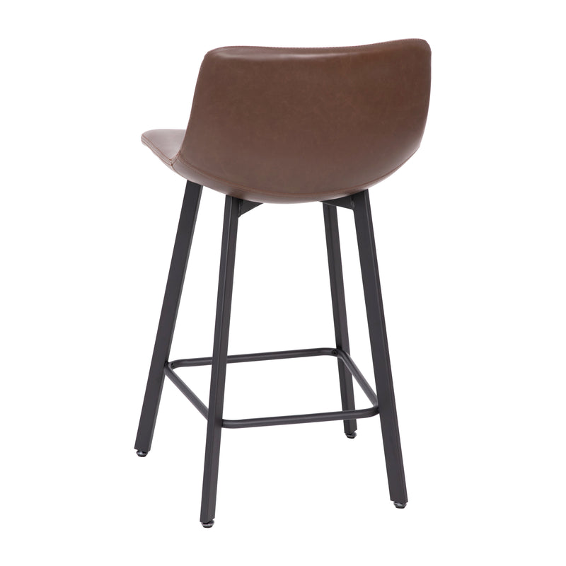 Oretha Set of 2 Modern Chocolate Brown Faux Leather Upholstered Counter Stools with Contoured, Low Back Bucket Seats and Iron Frames