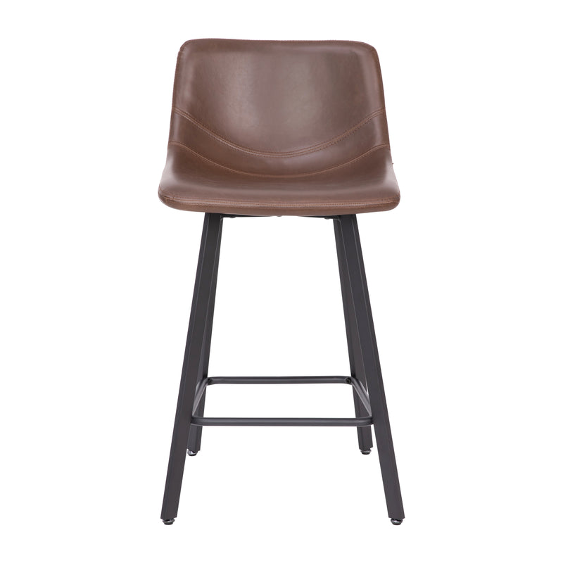 Oretha Set of 2 Modern Chocolate Brown Faux Leather Upholstered Counter Stools with Contoured, Low Back Bucket Seats and Iron Frames