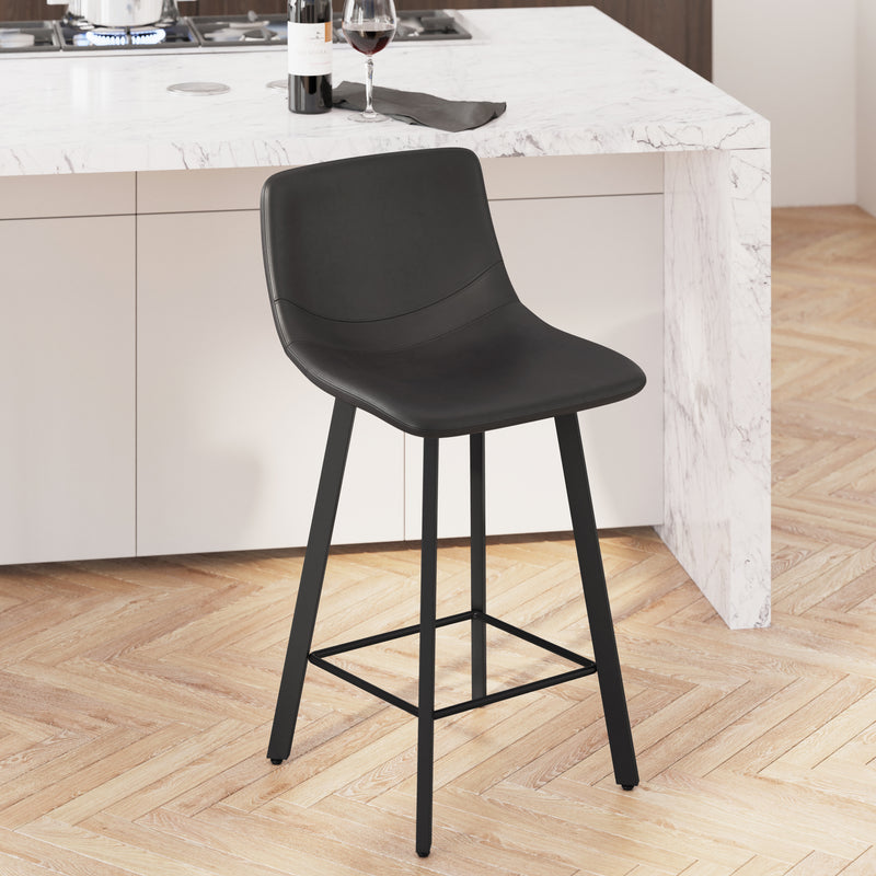 Oretha Set of 2 Modern Black Faux Leather Upholstered Counter Stools with Contoured, Low Back Bucket Seats and Iron Frames