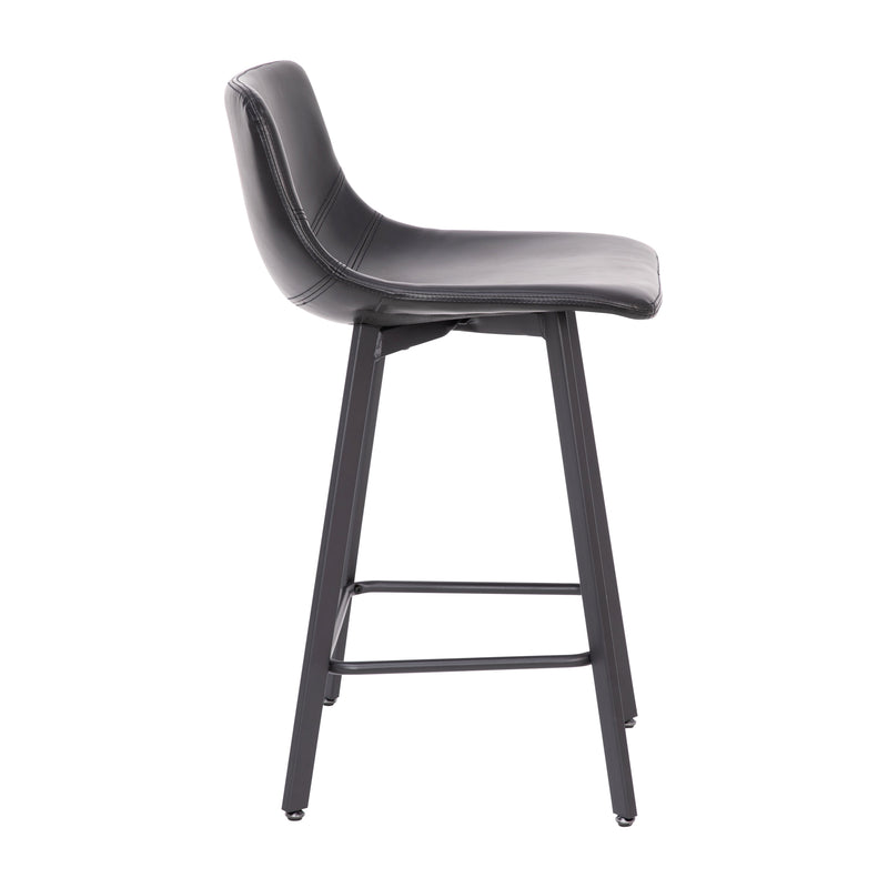 Oretha Set of 2 Modern Black Faux Leather Upholstered Counter Stools with Contoured, Low Back Bucket Seats and Iron Frames