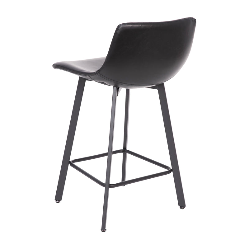 Oretha Set of 2 Modern Black Faux Leather Upholstered Counter Stools with Contoured, Low Back Bucket Seats and Iron Frames