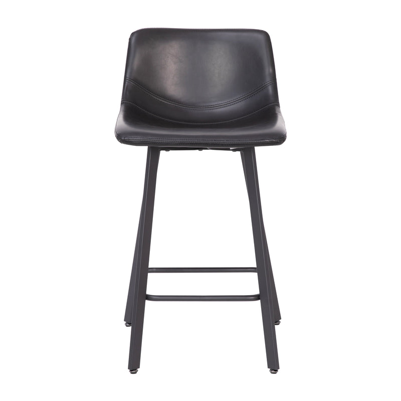Oretha Set of 2 Modern Black Faux Leather Upholstered Counter Stools with Contoured, Low Back Bucket Seats and Iron Frames