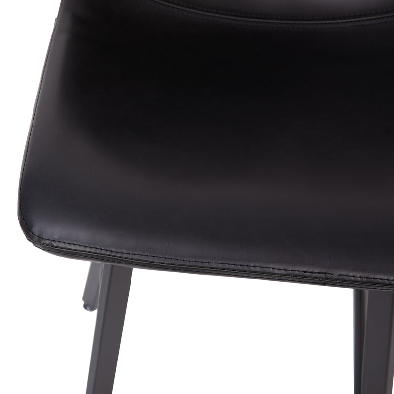 Oretha Set of 2 Modern Black Faux Leather Upholstered Counter Stools with Contoured, Low Back Bucket Seats and Iron Frames