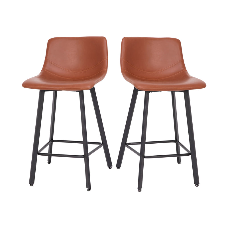 Oretha Set of 2 Modern Cognac Faux Leather Upholstered Counter Stools with Contoured, Low Back Bucket Seats and Iron Frames