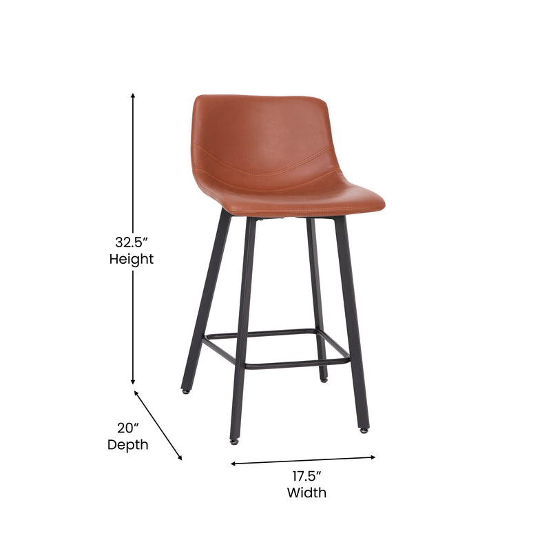 Oretha Set of 2 Modern Cognac Faux Leather Upholstered Counter Stools with Contoured, Low Back Bucket Seats and Iron Frames