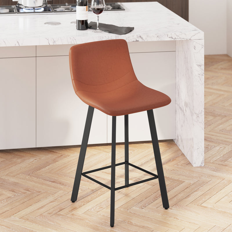 Oretha Set of 2 Modern Cognac Faux Leather Upholstered Counter Stools with Contoured, Low Back Bucket Seats and Iron Frames