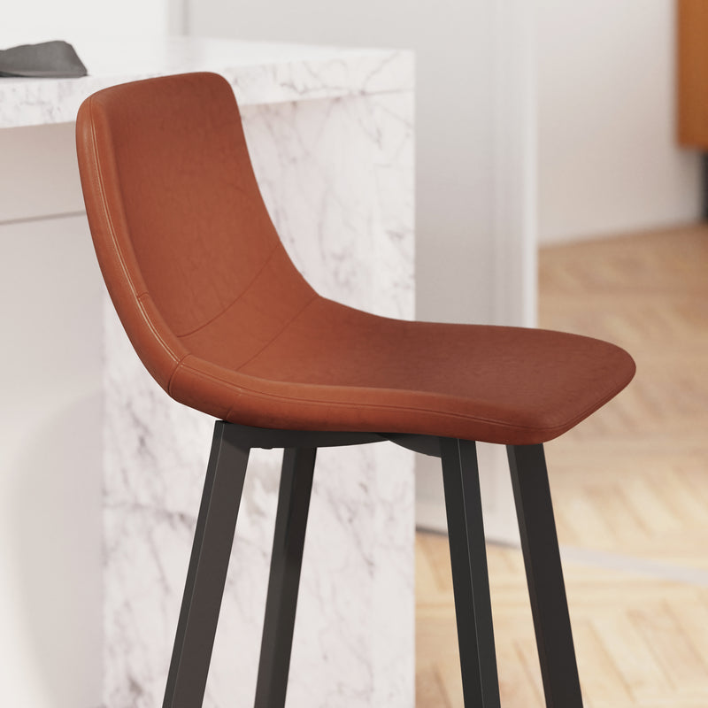 Oretha Set of 2 Modern Cognac Faux Leather Upholstered Counter Stools with Contoured, Low Back Bucket Seats and Iron Frames
