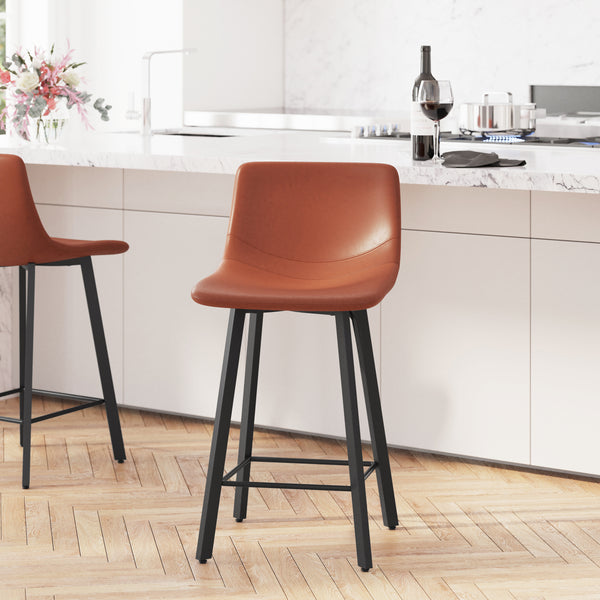 Oretha Set of 2 Modern Cognac Faux Leather Upholstered Counter Stools with Contoured, Low Back Bucket Seats and Iron Frames