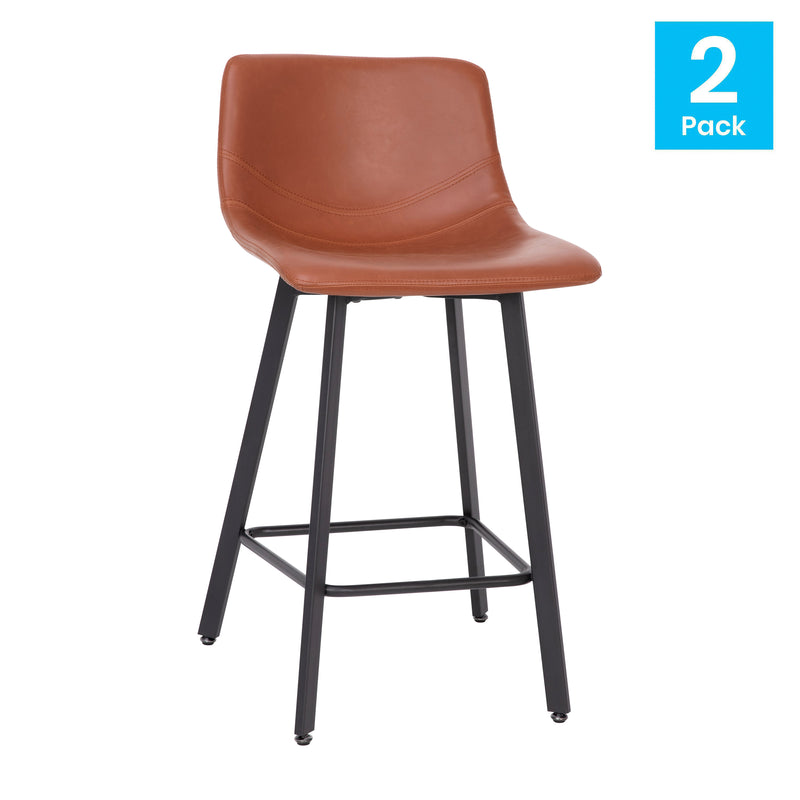 Oretha Set of 2 Modern Cognac Faux Leather Upholstered Counter Stools with Contoured, Low Back Bucket Seats and Iron Frames