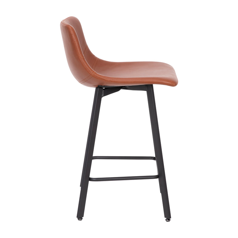 Oretha Set of 2 Modern Cognac Faux Leather Upholstered Counter Stools with Contoured, Low Back Bucket Seats and Iron Frames