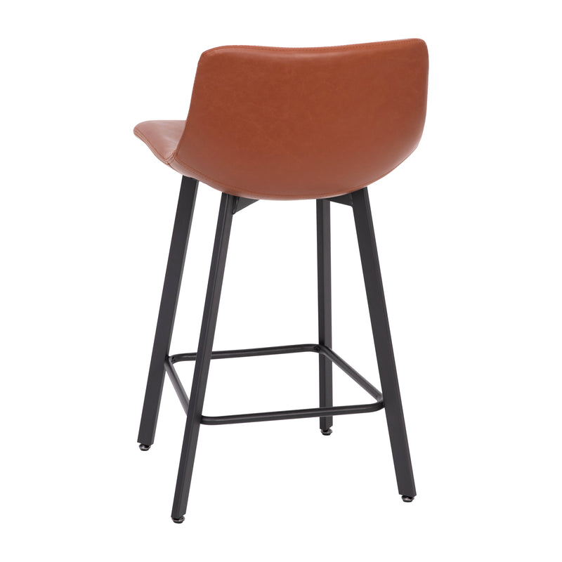Oretha Set of 2 Modern Cognac Faux Leather Upholstered Counter Stools with Contoured, Low Back Bucket Seats and Iron Frames