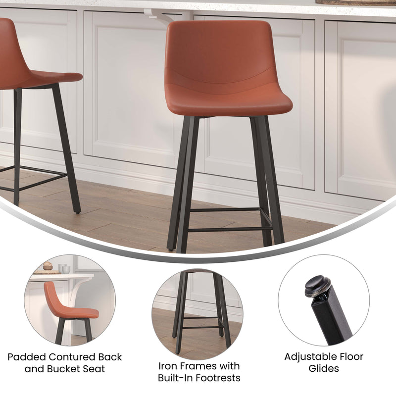 Oretha Set of 2 Modern Cognac Faux Leather Upholstered Counter Stools with Contoured, Low Back Bucket Seats and Iron Frames