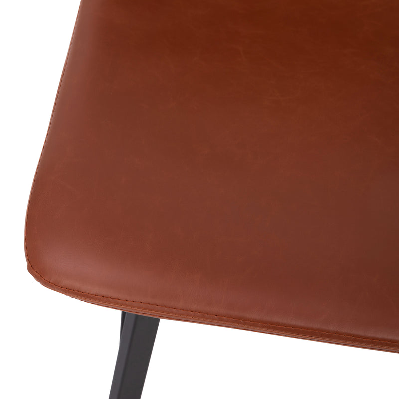 Oretha Set of 2 Modern Cognac Faux Leather Upholstered Counter Stools with Contoured, Low Back Bucket Seats and Iron Frames