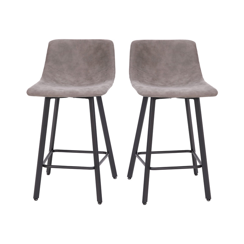 Oretha Set of 2 Modern Gray Faux Leather Upholstered Counter Stools with Contoured, Low Back Bucket Seats and Iron Frames