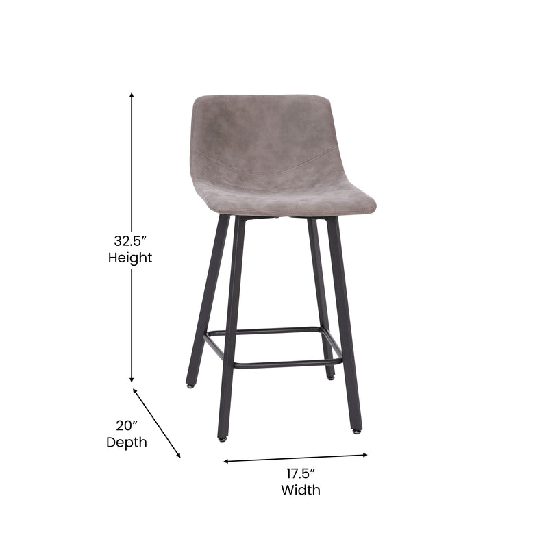 Oretha Set of 2 Modern Gray Faux Leather Upholstered Counter Stools with Contoured, Low Back Bucket Seats and Iron Frames
