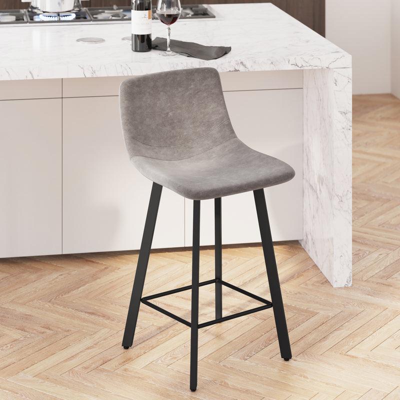 Oretha Set of 2 Modern Gray Faux Leather Upholstered Counter Stools with Contoured, Low Back Bucket Seats and Iron Frames