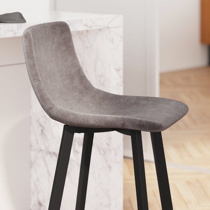 Oretha Set of 2 Modern Gray Faux Leather Upholstered Counter Stools with Contoured, Low Back Bucket Seats and Iron Frames