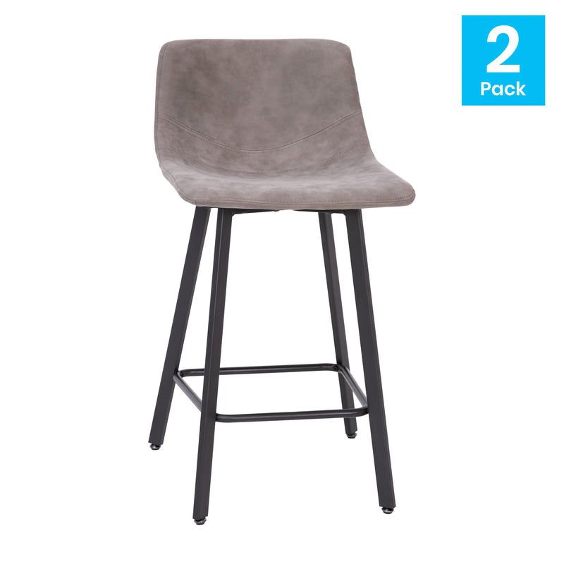 Oretha Set of 2 Modern Gray Faux Leather Upholstered Counter Stools with Contoured, Low Back Bucket Seats and Iron Frames