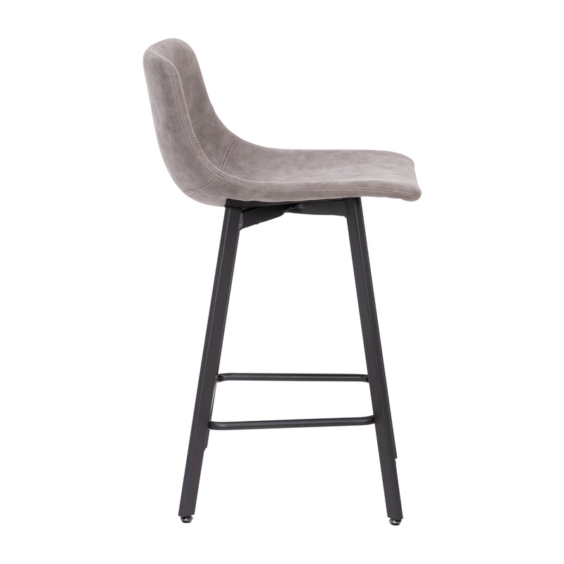 Oretha Set of 2 Modern Gray Faux Leather Upholstered Counter Stools with Contoured, Low Back Bucket Seats and Iron Frames