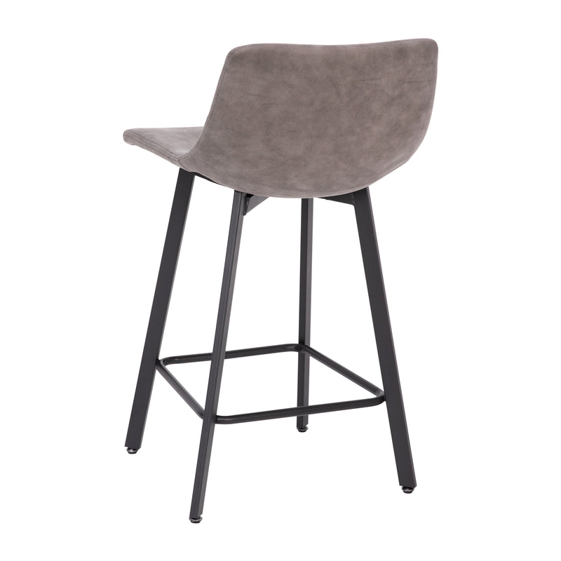 Oretha Set of 2 Modern Gray Faux Leather Upholstered Counter Stools with Contoured, Low Back Bucket Seats and Iron Frames