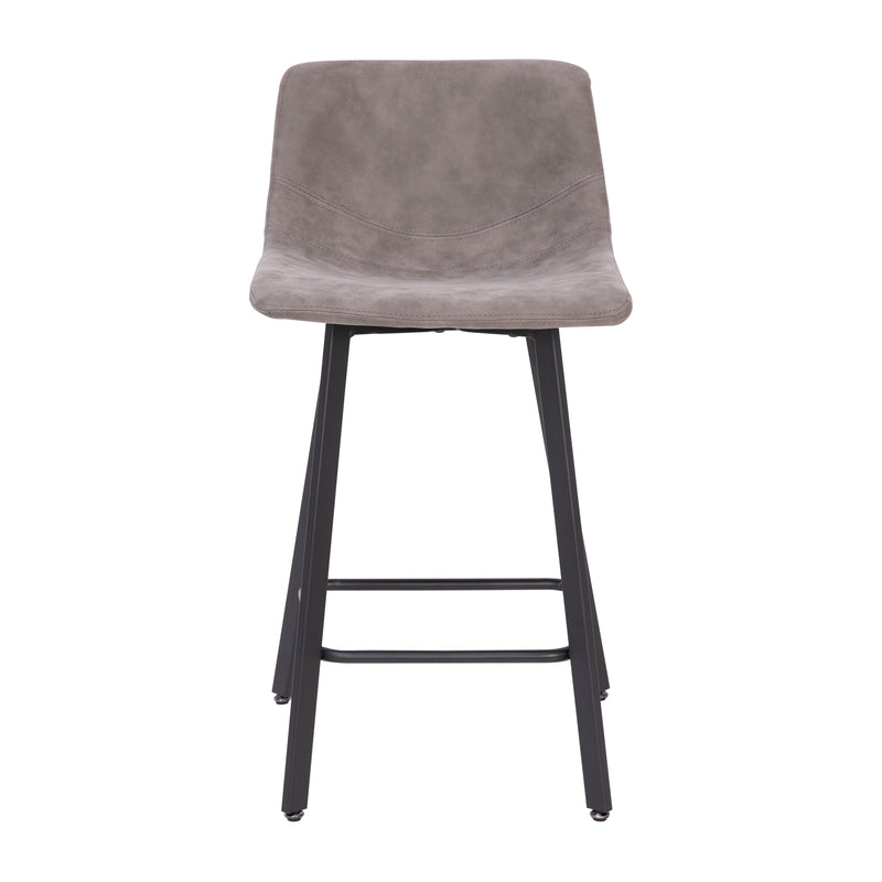 Oretha Set of 2 Modern Gray Faux Leather Upholstered Counter Stools with Contoured, Low Back Bucket Seats and Iron Frames