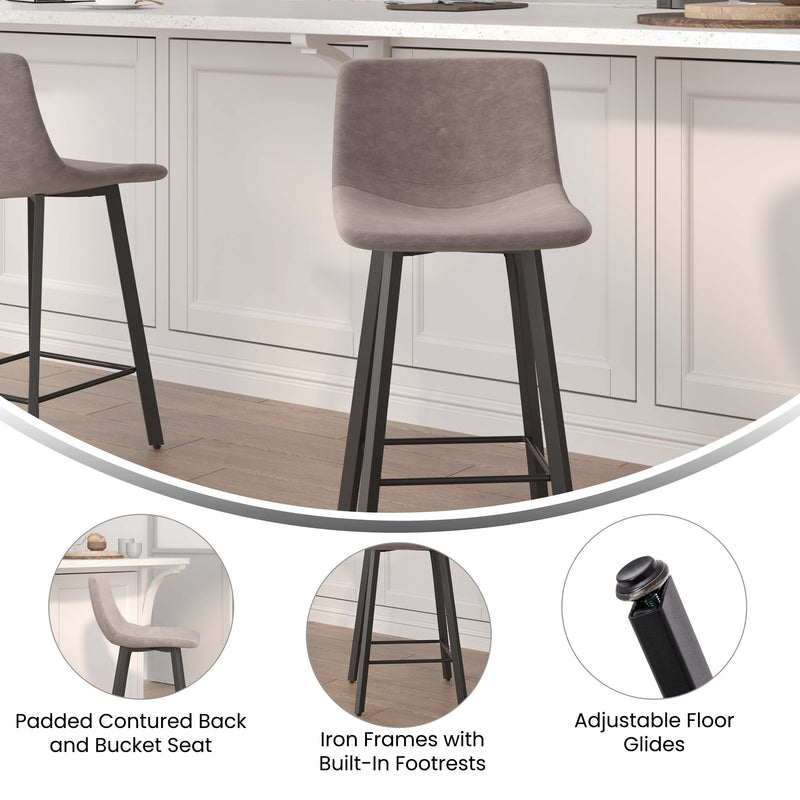 Oretha Set of 2 Modern Gray Faux Leather Upholstered Counter Stools with Contoured, Low Back Bucket Seats and Iron Frames
