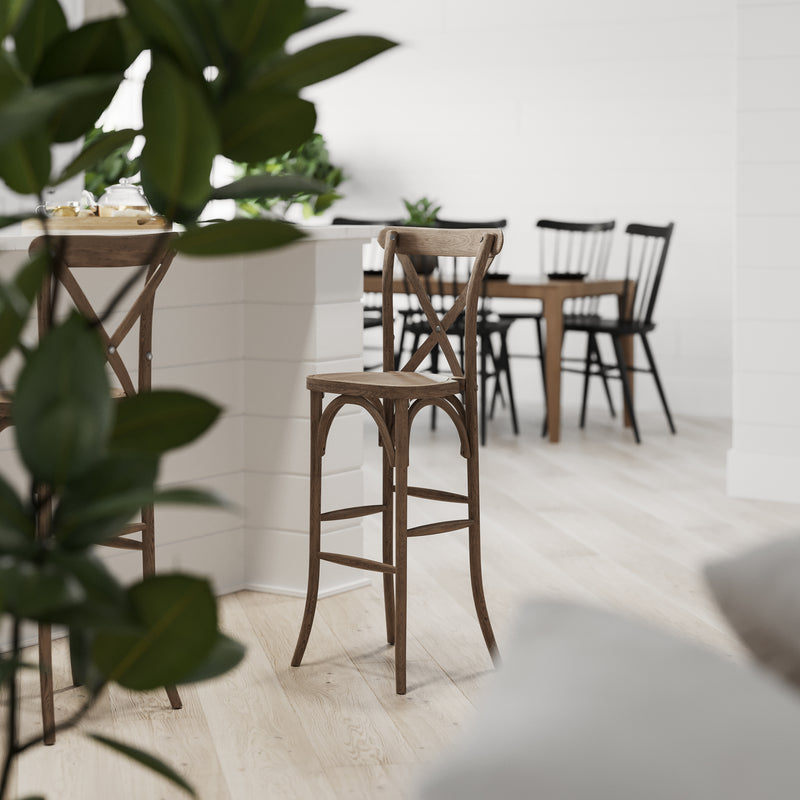 Calvin 30 Inch Bistro Style Bar Height Wooden Cross Back Dining Stool in Dark Antique