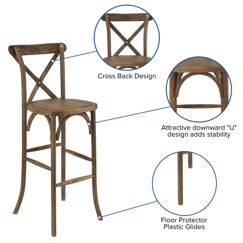 Calvin 30 Inch Bistro Style Bar Height Wooden Cross Back Dining Stool in Dark Antique