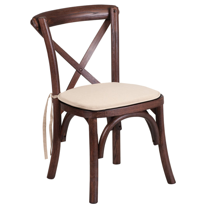 Kid's Stackable Ash Wood Crossback Chair in a Mahogany Finish with Cushion and Plastic Floor Glides