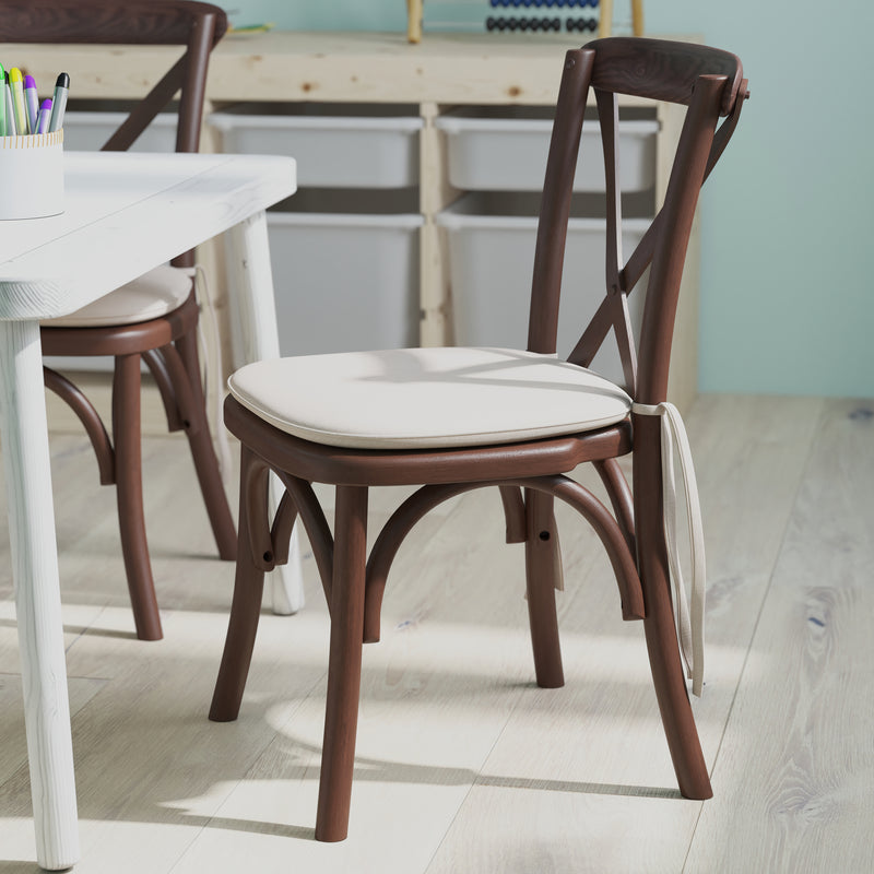 Kid's Stackable Ash Wood Crossback Chair in a Mahogany Finish with Cushion and Plastic Floor Glides