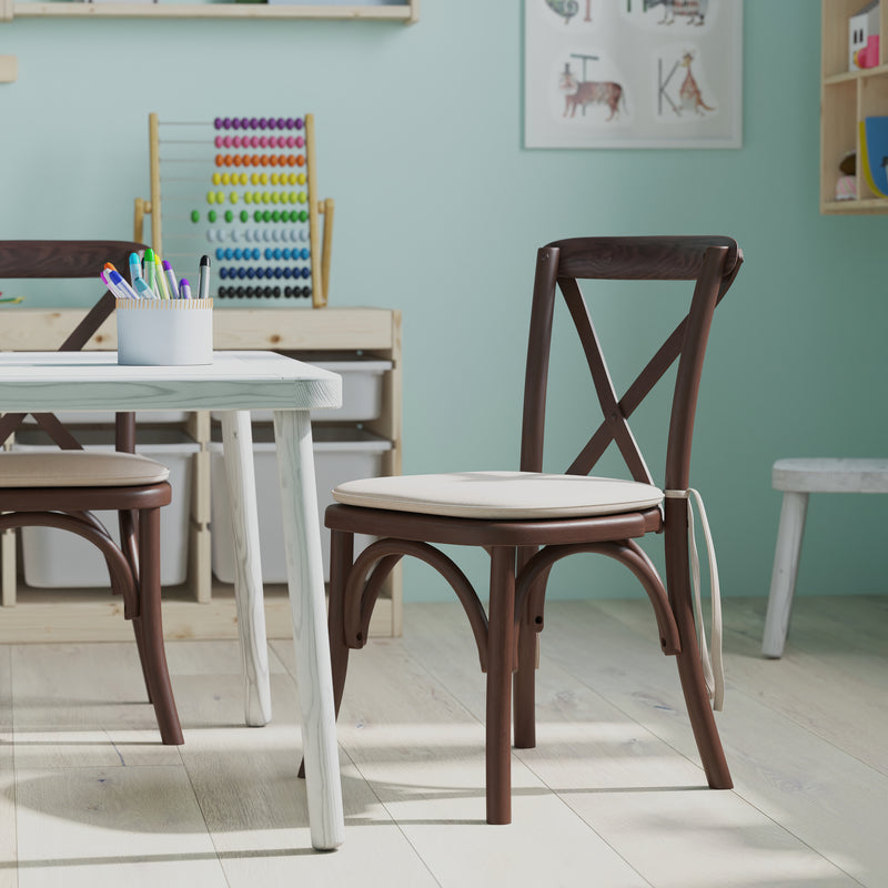Kid's Stackable Ash Wood Crossback Chair in a Mahogany Finish with Cushion and Plastic Floor Glides