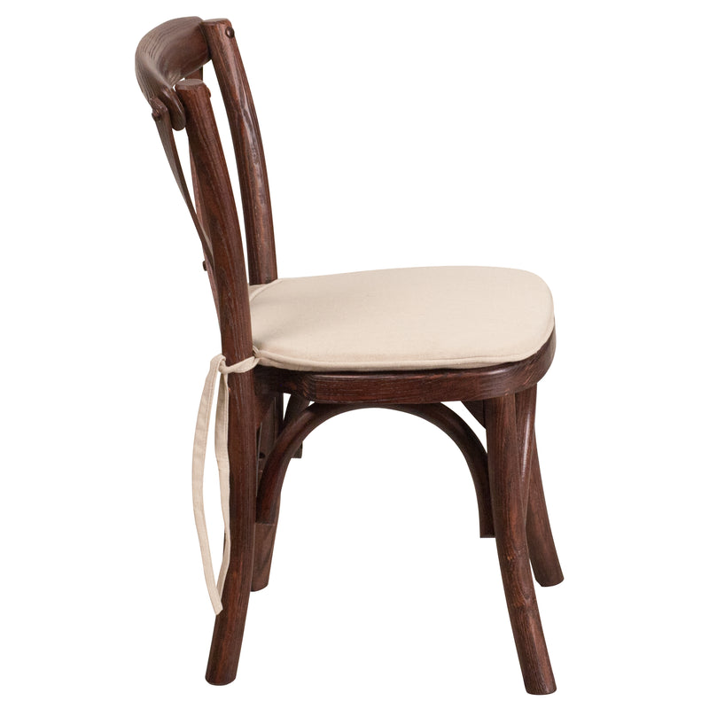 Kid's Stackable Ash Wood Crossback Chair in a Mahogany Finish with Cushion and Plastic Floor Glides