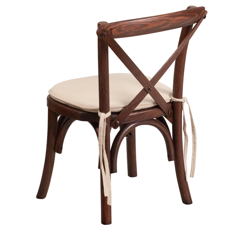 Kid's Stackable Ash Wood Crossback Chair in a Mahogany Finish with Cushion and Plastic Floor Glides