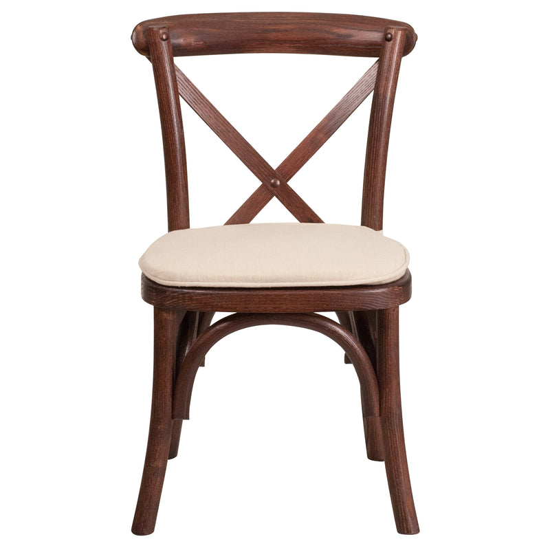 Kid's Stackable Ash Wood Crossback Chair in a Mahogany Finish with Cushion and Plastic Floor Glides