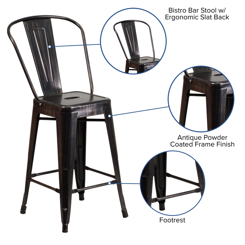 Dothan Series 24" High Metal Counter Height Stool with Removable Back for Indoor-Outdoor Use