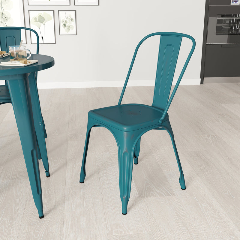 Banks Indoor/Outdoor Stacking Metal Dining Chair with Single Slat Back and Distressed Powder Coated Finish
