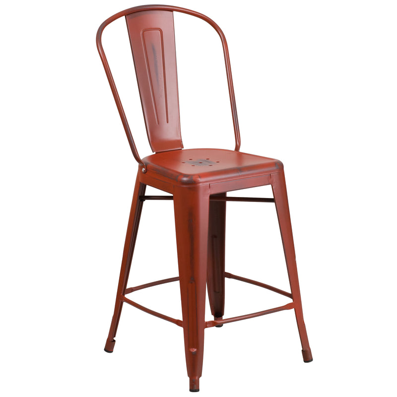 Sabine 24" Metal Indoor-Outdoor Counter Stool with Vertical Slat Back and Integrated Footrest