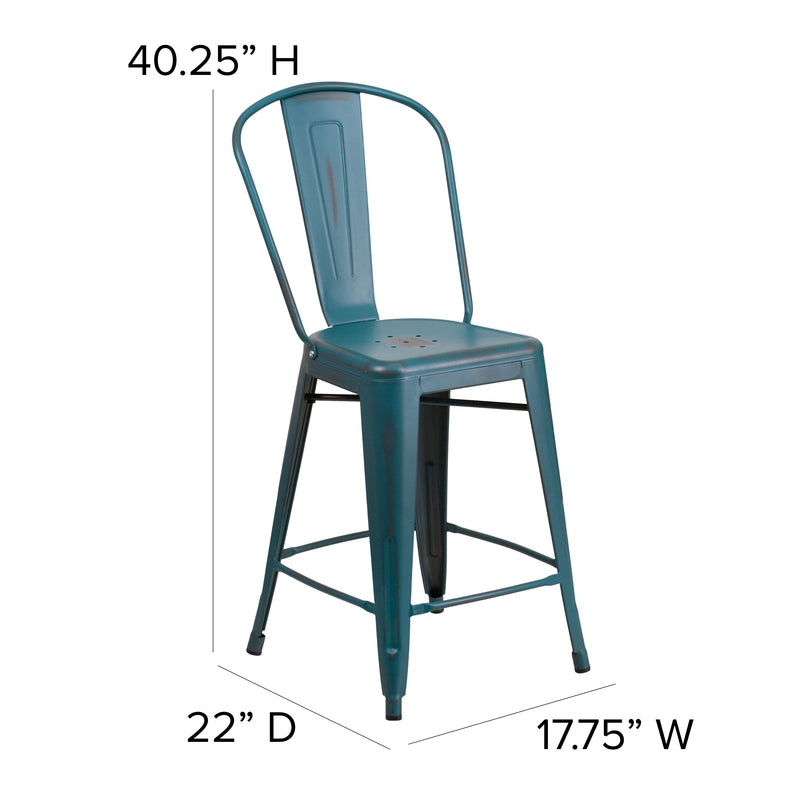 Sabine 24" Metal Indoor-Outdoor Counter Stool with Vertical Slat Back and Integrated Footrest