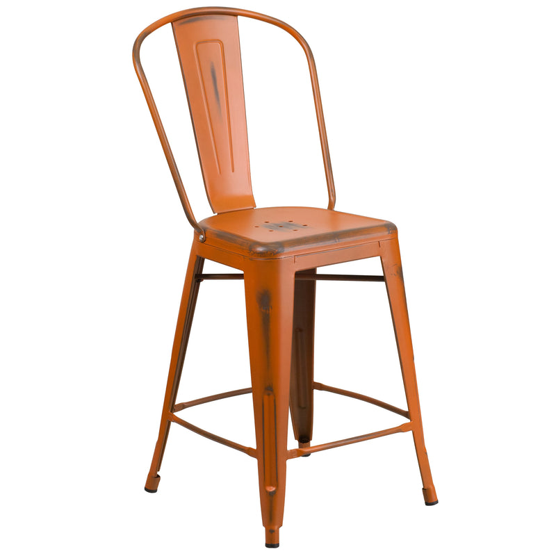 Sabine 24" Metal Indoor-Outdoor Counter Stool with Vertical Slat Back and Integrated Footrest