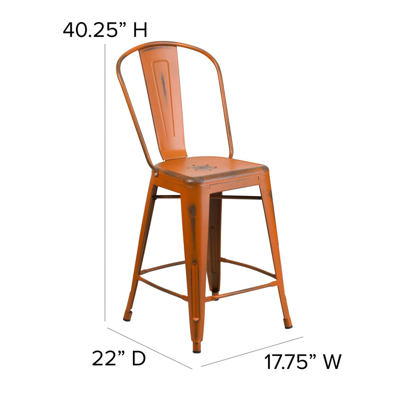 Sabine 24" Metal Indoor-Outdoor Counter Stool with Vertical Slat Back and Integrated Footrest